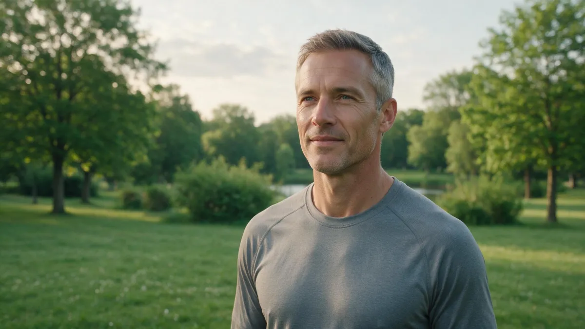 Uomo maturo di circa 50 anni in un parco che esprime benessere fisico e vitalità